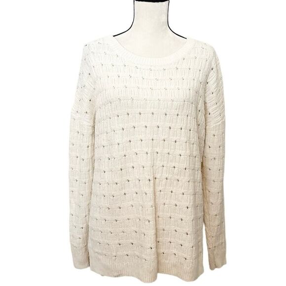 Ava & Viv Ivory Long Sleeve Open Knit Round Neck Sweater Plus Size 1X - Picture 2 of 5